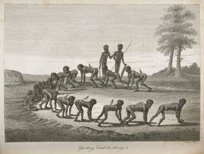 Aboriginal menn som imiterer hunder, Australia av Frederick (attr. to) Barnard