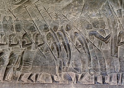 Angkor Wat, Angkor, Kambodsja Tidlig 1100-tall med senere tillegg. Denne detaljen av relieffene i galleriet viser THAI-folket som marsjerer som allierte av Khmer-hæren av Hippolyte Lalaise Devéria