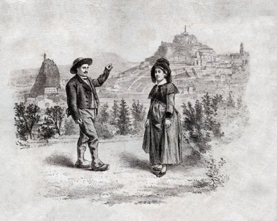 Auvergnats danser fyllingen på Puy en Velay, Frankrike. rundt 1900 (gravering) av . .