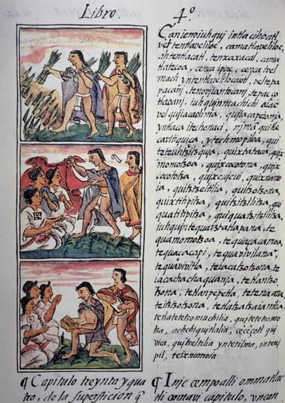 Tro og overtro, bok IV av den florentinske kodeksen, tospråklig versjon på spansk og nahuatl, generell historie om tingene i det nye Spania, aztekisk sivilisasjon av Georg Carl Heinrich Dollmann