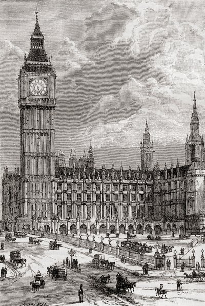 Big Ben and the Houses of Parliament, London, England, sett her på 1800-tallet. av . .