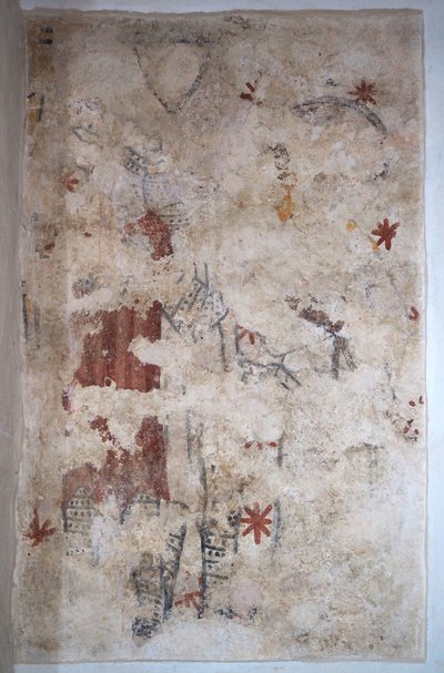 Burgund, Lancharre, kommune Chapaize 71460. I kirken Notre Dame, veggmaleri. To riddere i ringbrynje (fresco) av . .