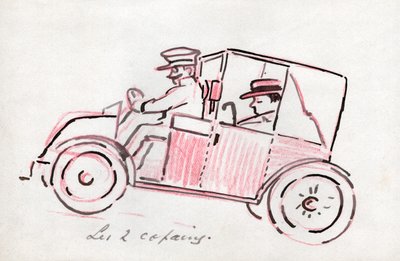 Bil med sjåfør. rundt 1910 (tegning) av . .