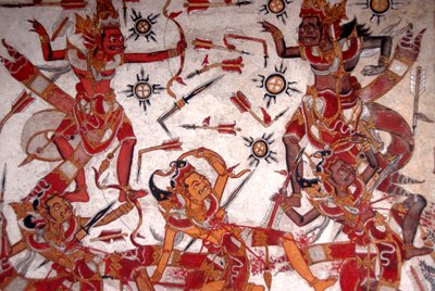 Takmaleri i det kongelige slott; Battle of the Gods; Papir Gosa; Gili palasspark; Klungkung; Semarapura; Bali; Indonesia; Sørøst-Asia; Asia av Frederick (attr. to) Barnard