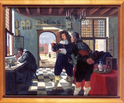 Klokke- og urmakere Christiaan Huygens i Salomon Costers urmakerbutikk av Frederick (attr. to) Barnard