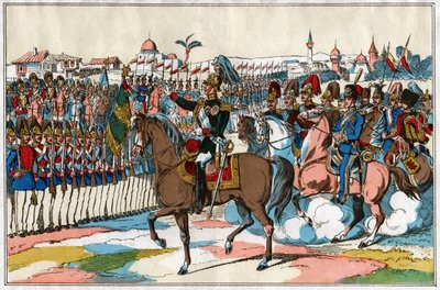 Keiser Alexander II gjennomgår troppene sine før krigserklæringen mot Tyrkia (1877). rundt 1880 (illustrasjon) av . .