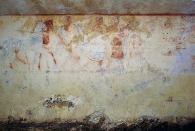 Begravelsesprosesjon med dansere og musikere, freskomaleri, Tomb of Blue Demons, Necropolis of Tarquinia (UNESCOs verdensarvliste, 2004), Lazio, Italia Etruskisk sivilisasjon, 5. århundre f.Kr. av Georg Carl Heinrich Dollmann