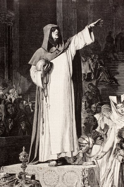 Girolamo Savonarola (1452 – 1498), italiensk dominikansk munk som forkynte mot umoral og luksus som ville friste synd, etter et verk av De Langemantels, fra 'El Mundo Ilustrado', utgitt Barcelona, rundt 1880 av Ferdinand Georg Waldmuller