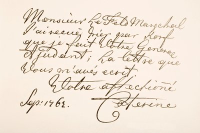 Håndskriftprøve av keiserinne Katarina II av Russland, kjent som Katarina den store av Ferdinand Georg Waldmuller