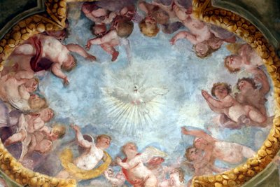 Hellig ånd og engler. Fersk. Santa Maria delle Vigne-basilikaen. Genova. Italia. av . .