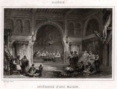 Interiør i Algerie, rundt 1840 (gravering) av . .