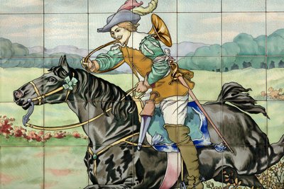 Innvendig visning, flispanel, maler Furcy Ernest Tondeur, eksekutør Boch Frères La Louvière, andre panel viser jaktscene med galopperende rytter med jakthorn av . .