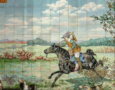 Innvendig visning, flispanel, maler Furcy Ernest Tondeur, eksekutør Boch Frères La Louvière, andre panel viser jaktscene med galopperende rytter med jakthorn av . .