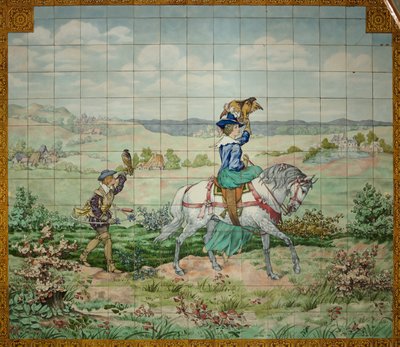 Innvendig visning, flispanel, maler Furcy Ernest Tondeur, eksekutør Boch Frères La Louvière, andre panel, jaktscene med en adelsmann og en adelskvinne med falker av . .