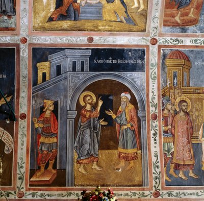 Jesus taler til Pontius Pilatus, freskomalerier med scener fra Jesu liv, Mikro Sotiris kloster, Symi-øya, Hellas (bilde) av Georg Carl Heinrich Dollmann