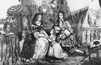 Kong Ludvig XIV og hans datter trygler hertuginnen Louise de La Valliere om ikke å trekke seg tilbake til klosteret av Georg Carl Heinrich Dollmann