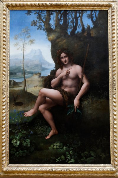 Louvre-museet, Paris, Frankrike. Leonardo da Vincis verksted, kreditert Francesco Melzi, døperen Johannes, olje på panel overført til lerret, ca. 1510-1520. av . .
