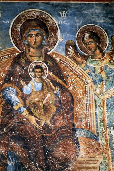 Madonna med barn og engel, freskomaleri i klosteret Ano Pedina, nær Papigo, Zagoria, Epirus, Hellas (bilde) av Georg Carl Heinrich Dollmann