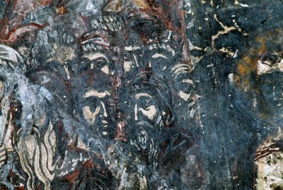 Mannsfigurer, skadet freskomaleri i taket til kirken Agios Vasileios, Vavouledo, Kreta, Hellas (bilde) av Georg Carl Heinrich Dollmann