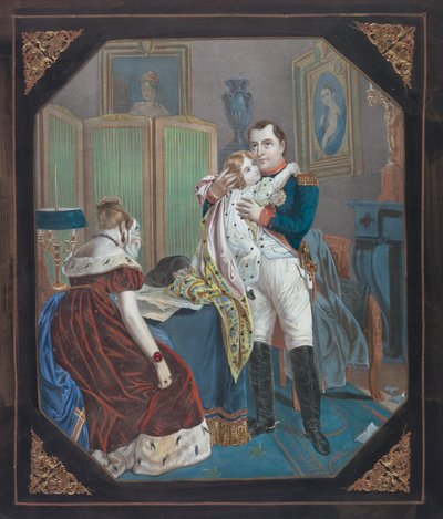 Napoleon og keiserinne Marie-Louise med kongen av Roma, ca. 1860 (litografi) av . .