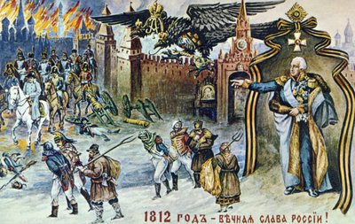 Napoleonskrigen i 1812, skildring av Napoleons retrett fra Moskva under tilsyn av den keiserlige russiske tohodede ørnen og tsar Alexander I. av Frederick (attr. to) Barnard