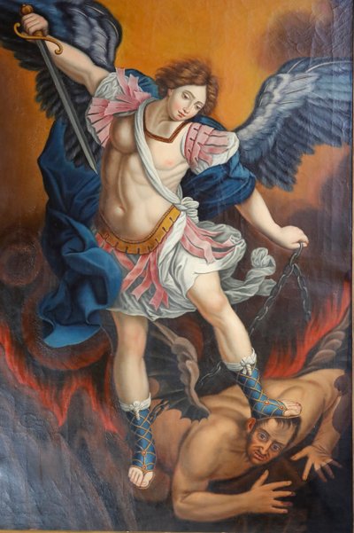 Our Lady of the Assumption of Cordon kirke. Erkeengel som dreper Satan som en drage. Maleri. Frankrike. Frankrike. av . .