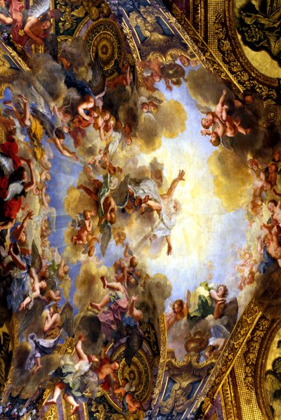 Maleri av hvelvet til det kongelige kapell, laget av Antoine Coypel (1661-1722). Den har tittelen "Den evige far i sin herlighet som bringer løftet om forløsning til verden". Kongelig kapell ble startet av Jules Hardouin Mansart (1646-1708) i 1699 og fullf av . .