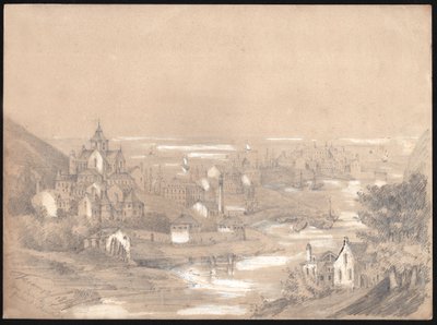 Panorama over byen Fecamp, Normandie. 1841 (tegning) av . .