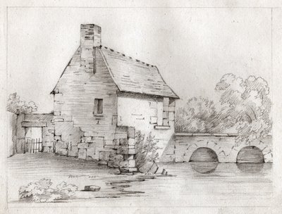 Bondehus på kanten av en elv. ca 1830 (illustrasjon) av . .