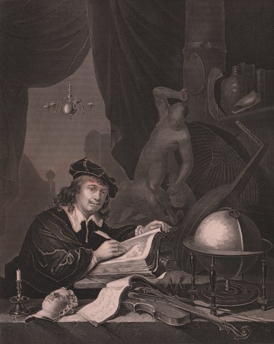 Portrett av den nederlandske maleren Gerrit Dou (1613-1675), gravering av Albert Henry Paine fra maleriet Gerrit Dou, fra Paynes Royal Dresden Gallery, av Albert Henry Payne, H Payne Dresden og Leipzig forlag, ca. 1840 av William Walcutt