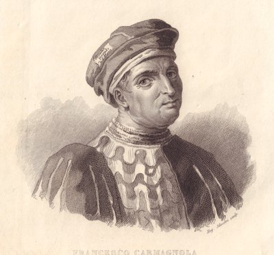 Portrett av den italienske militærlederen Francesco da Bussone også kjent som Carmagnola (1380-1432), kobberstikk av E Silvestri fra maleri av William Walcutt