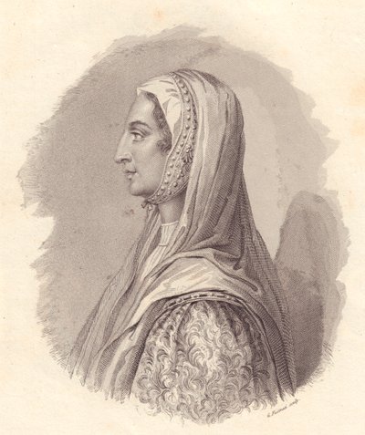 Portrett av den italienske adelskvinnen Beatrice Lascaris di Tenda (1372-1418), kobberstikk av G Fusinati fra portrett utgitt av Antonio Campo av William Walcutt