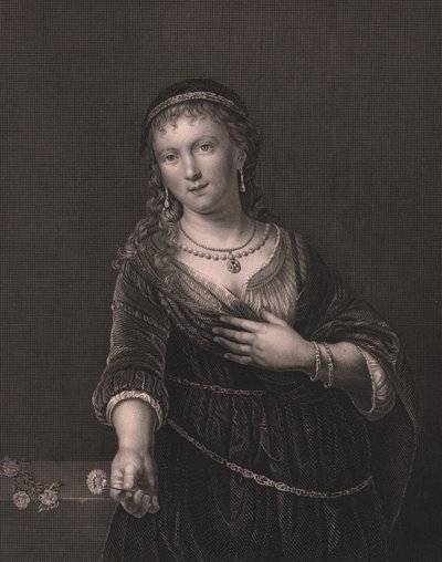 Portrett av Saskia van Uylenburgh (1612-1642), kone til Rembrandt, gravering av Daniel John Pound fra maleri av Rembrandt, fra Paynes Royal Dresden Gallery, av Albert Henry Payne, H Payne Dresden og Leipzig Publisher, ca. 1840 av William Walcutt