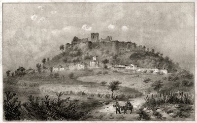 Ruinene av slottet Preny, Lorraine. ca. 1860 (gravering) av . .