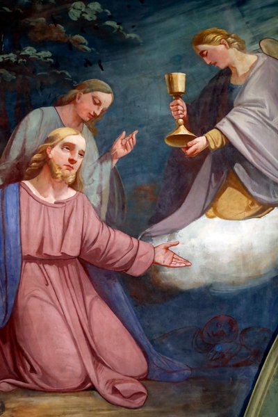 Rumilly kirke. Veggmaling. Jesus ber i Getsemane hage etter det siste måltid. Frankrike. av . .