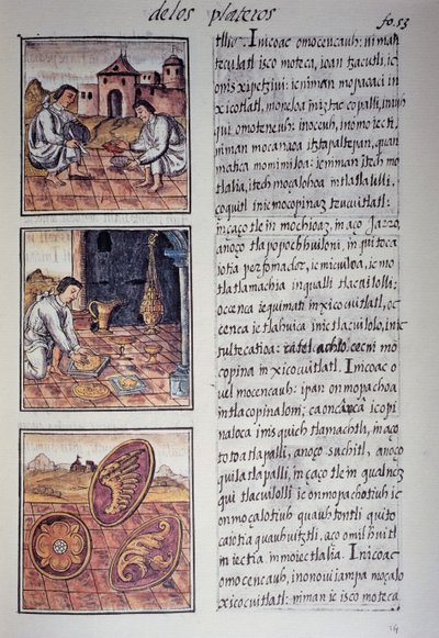Servise og skjoldproduksjon, side fra den florentinske kodex, tospråklig versjon på spansk og Nahuatl, General History of the Things of New Spain, av den spanske misjonæren Fray Bernardino de Sahagun. Aztekisk sivilisasjon av Georg Carl Heinrich Dollmann