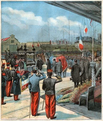 Liket til den franske utforskeren Pierre Savorgnan de Brazza rapatriert fra Dakar (Senegal) til Paris (illustrasjon) av John Pardon