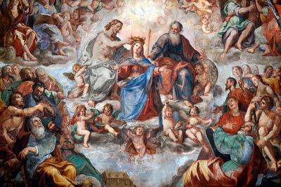 Kroningen av jomfruen. Fresco. San Donato kirke. Genova. Italia. av . .