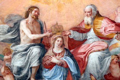 Kroningen av jomfruen. Fersk. Basilikaen Santissima Annunziata del Vastato. Genova. Italia. av . .