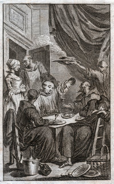 Festen for munker som bryter klosterreglene. De drikker vin, kurtiserer tjenestepikene. 1700-tallet (gravering) av . .