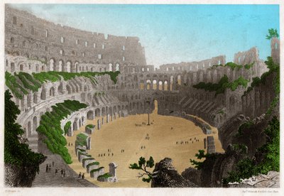 Ruinene av Colisee i Roma. ca. 1840 (gravering) av . .