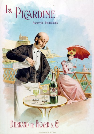 En kelner på en kafé lager et glass absint av Frederick (attr. to) Barnard