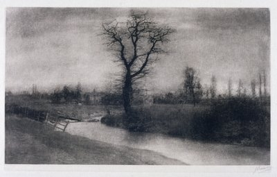 'Vinterlandskap: ensomt tre ved en sving i en elv' av Ferdinand Georg Waldmuller