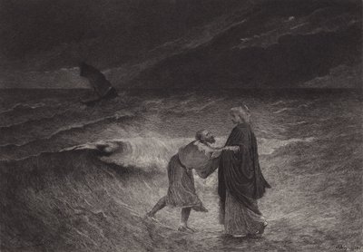 Jesus og St Peter på havet av after Albert Robida