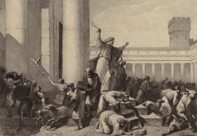 Jesus driver pengevekslerne ut av tempelet av after Albert Robida