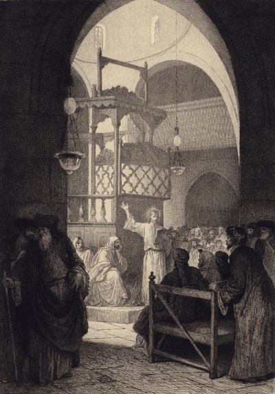 Jesus i synagogen av after Albert Robida
