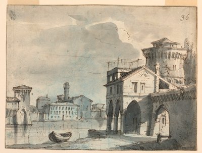 Scenedesign, bygninger ved elvebredden av after Alessandro Sanquirico