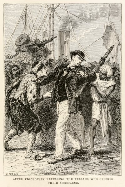 Etter å ha slått kraftig tilbake fellahene som tilbød sin hjelp, fra Jorden rundt på åtti dager av Jules Verne (1828-1905), gravert av Henri-Théophile Hildebrand (1824-1897) 1873 (gravering av after Alphonse Marie de Neuville