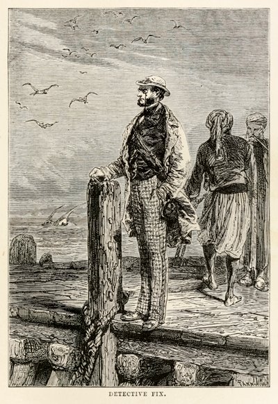 Detektiv Fix, from Around the World in Eighty Days av Jules Verne (1828-1905), gravert av Louis Dumont (f.1822), 1873 av after Alphonse Marie de Neuville