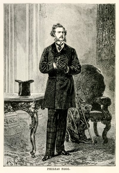 Phileas Fogg, fra Around the World in Eighty Days av Jules Verne (1828-1905), gravert av Louis Dumont (f.1822) 1873 av after Alphonse Marie de Neuville